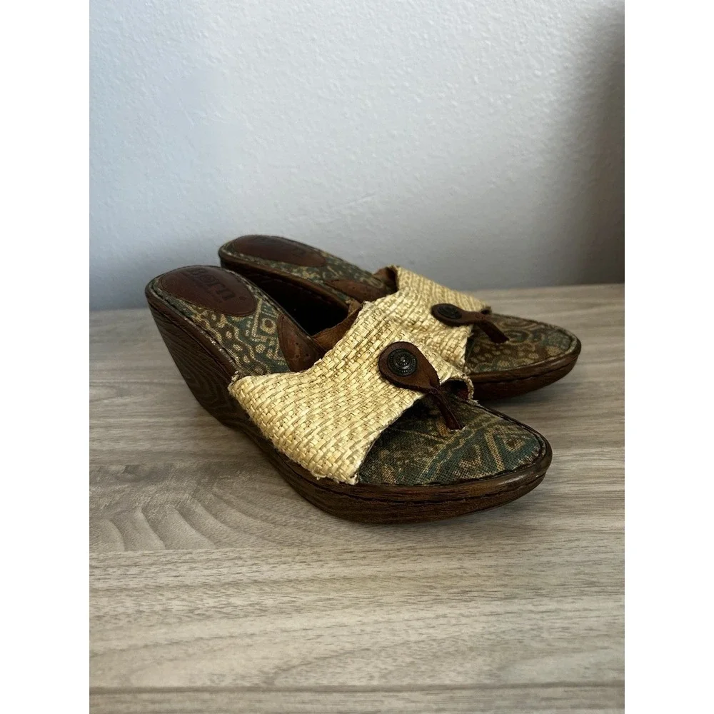 Born 7 Wedge Sandals Womens Brown Tan Good Woven Straw Paisley Boho Platform